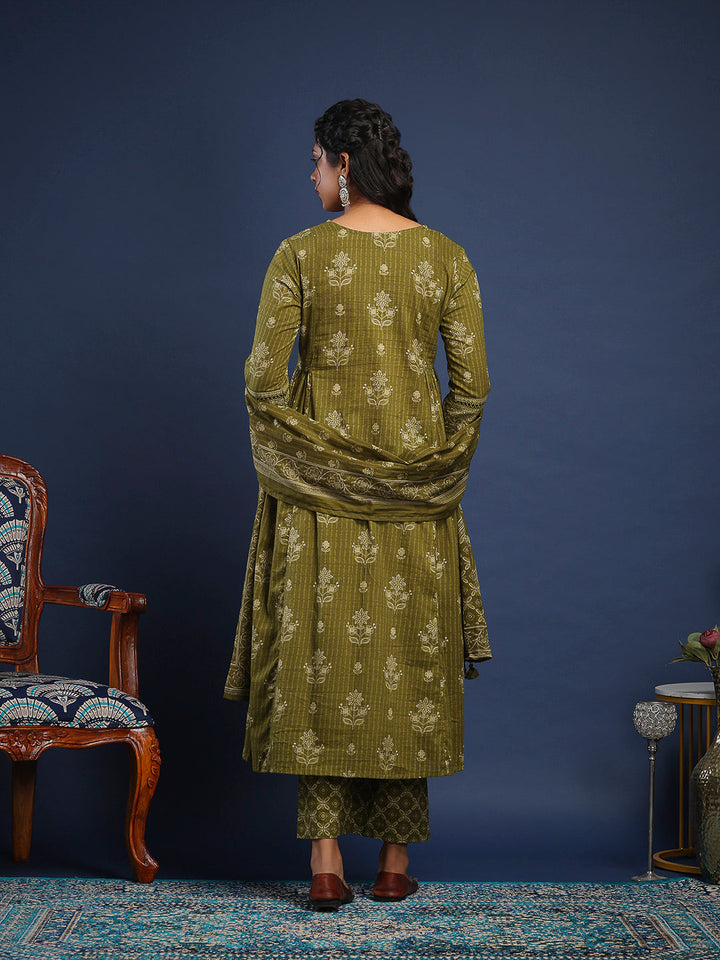Mehndi Cotton Blend Printed Straight Suit Set
