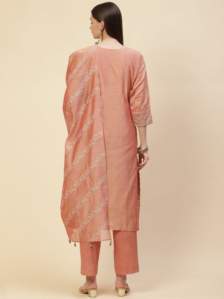 Zari Embroidered Cotton Kurta With Pants &amp; Dupatta
