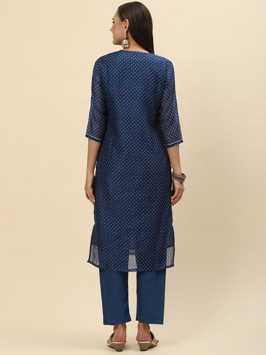 Gota Work &amp; Printed Chanderi Kurta With Pants