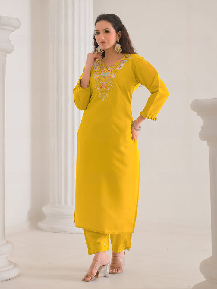 Neck Embroidery Cotton Blend Kurta With Pants &amp; Dupatta