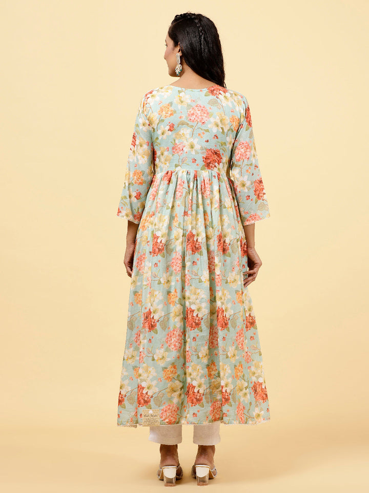Floral Printed &amp; Neck Embroidered Cotton Kurta