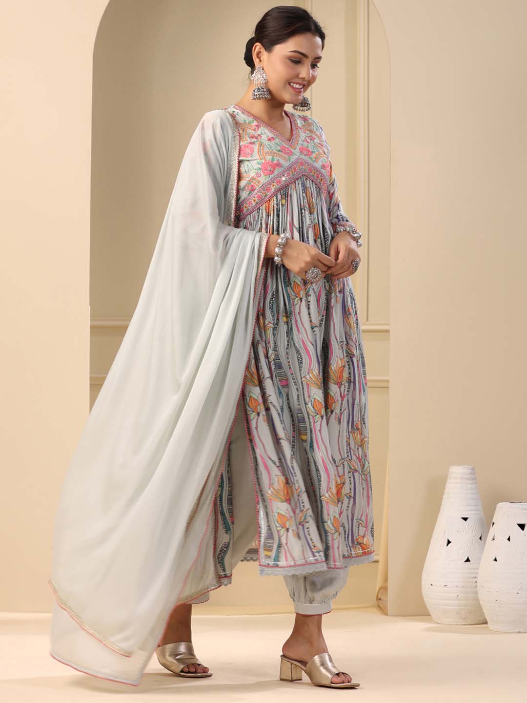 Printed Cotton Kurta With Pants &amp; Dupatta