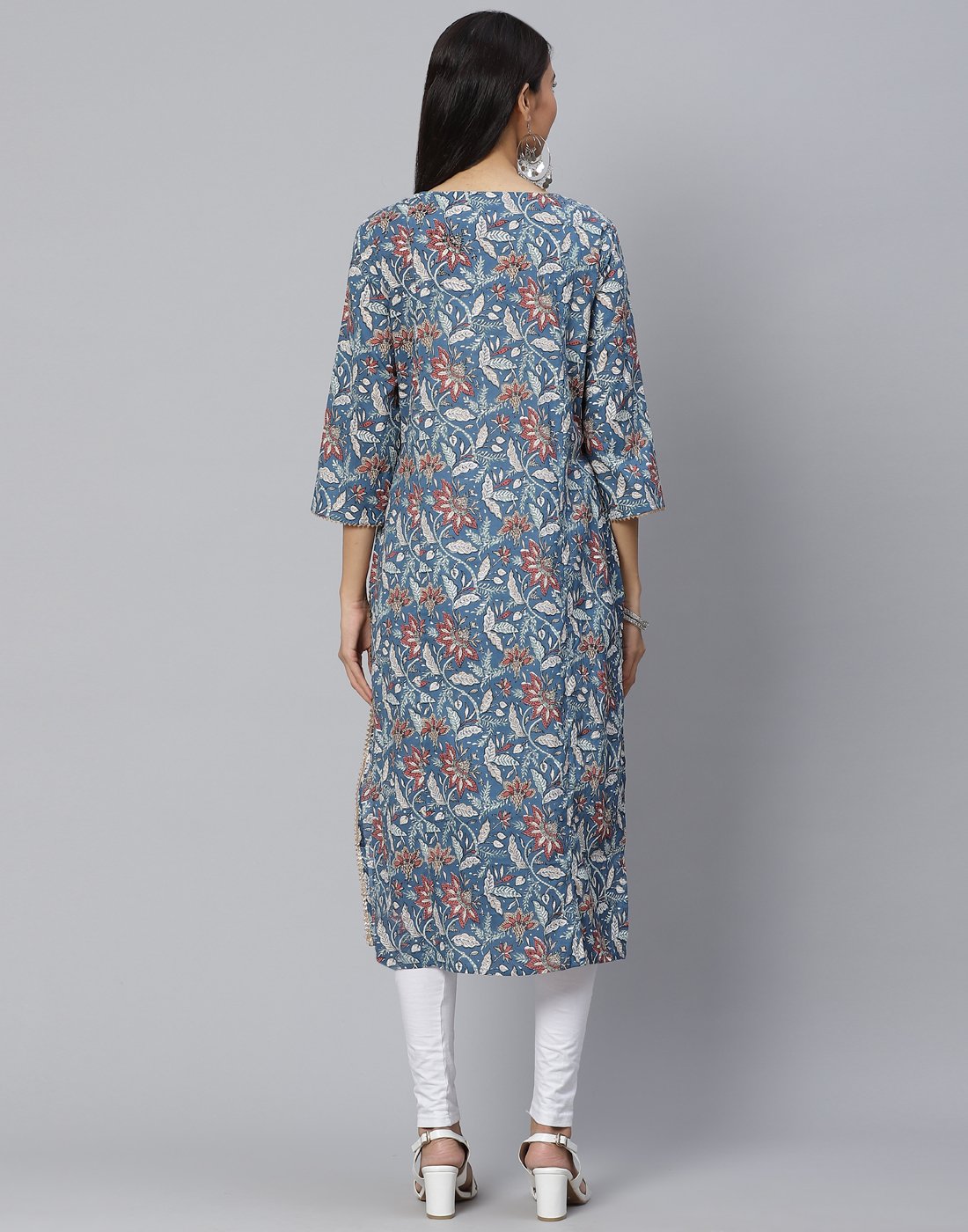 Floral Print Kurti With Gota Detail