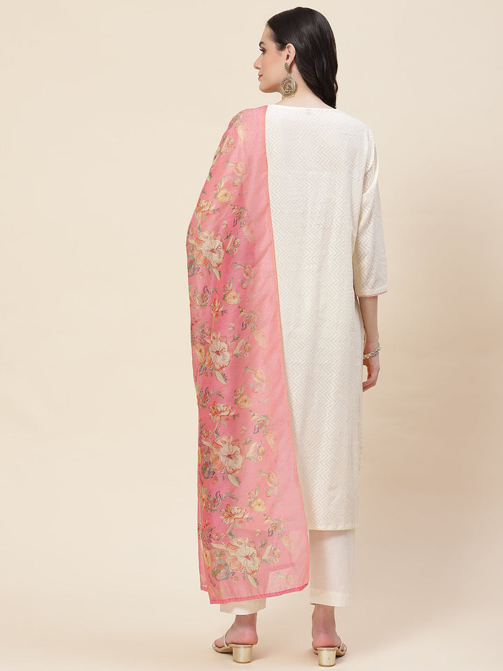 Neck Embroidered Cotton Kurta With Pants &amp; Dupatta