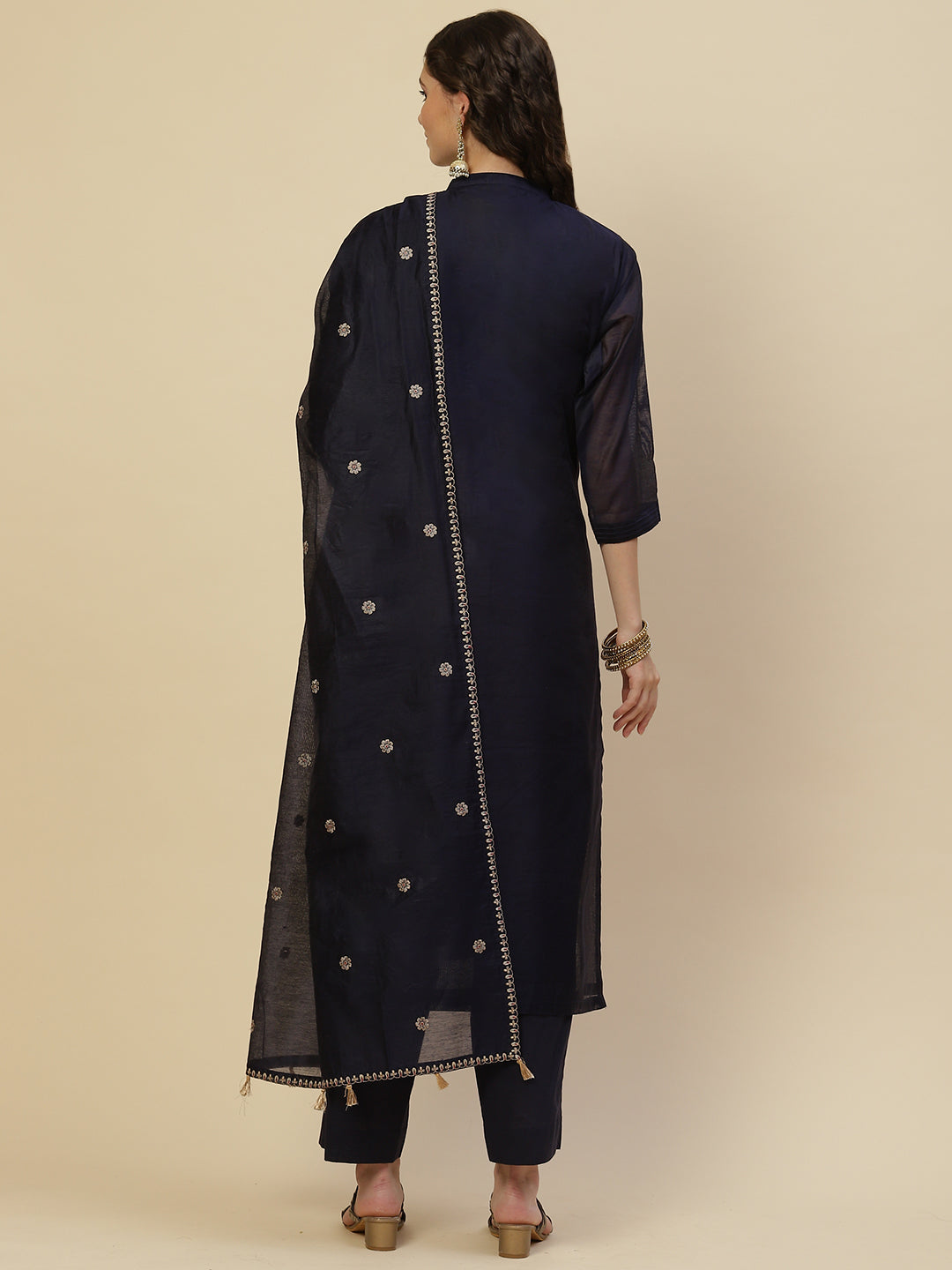 Resham Neck Embroidered Chanderi Kurta With Pants &amp; Dupatta
