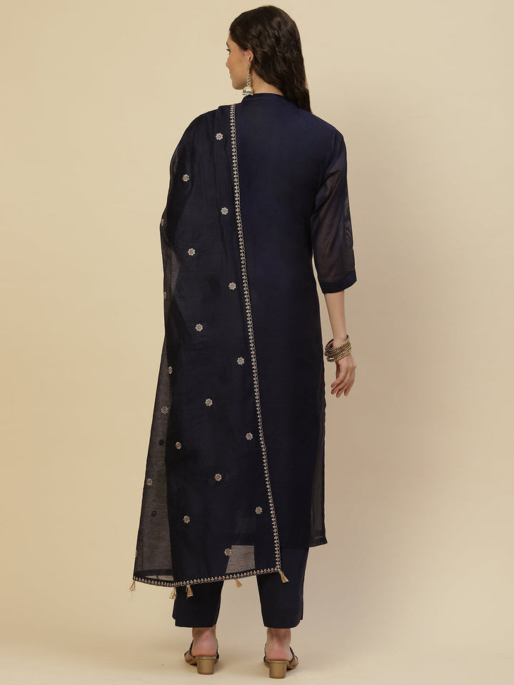 Resham Neck Embroidered Chanderi Kurta With Pants &amp; Dupatta