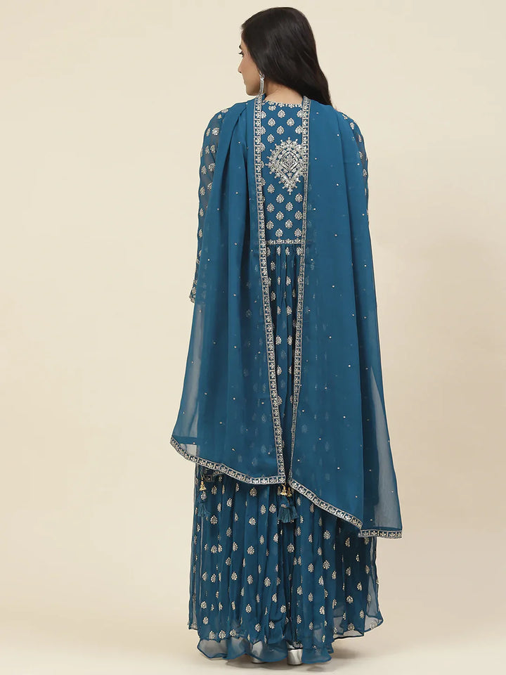 Sequin Embroidered Georgette Kurta With Sharara &amp; Dupatta