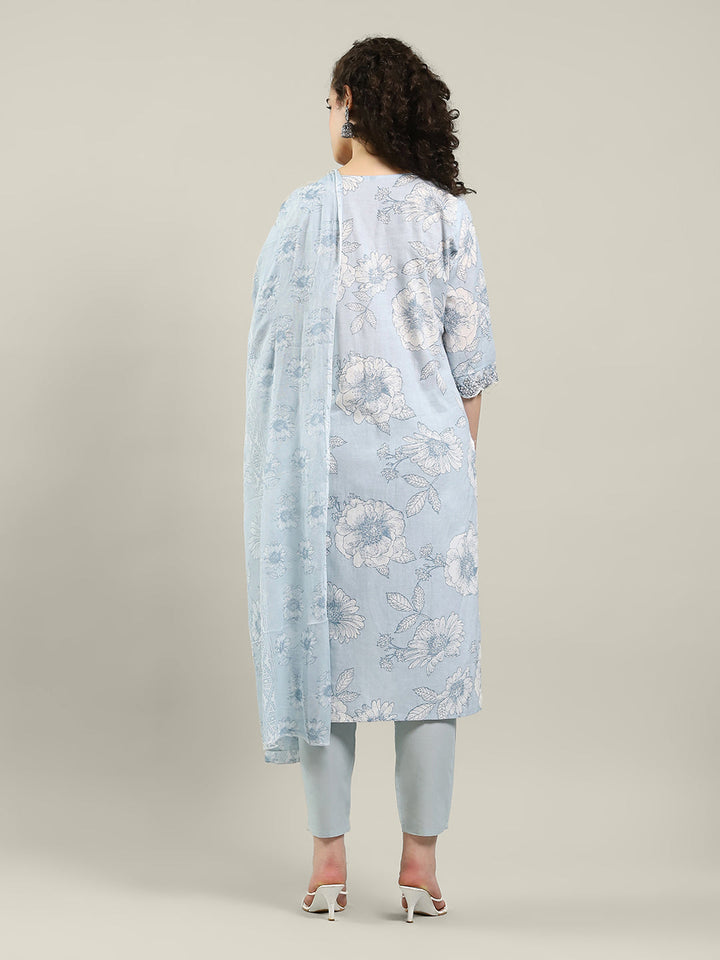 Printed Cotton Blend Kurta With Pants &amp; Dupatta