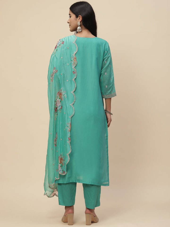 Resham Booti Cotton Kurta With Pants &amp; Dupatta
