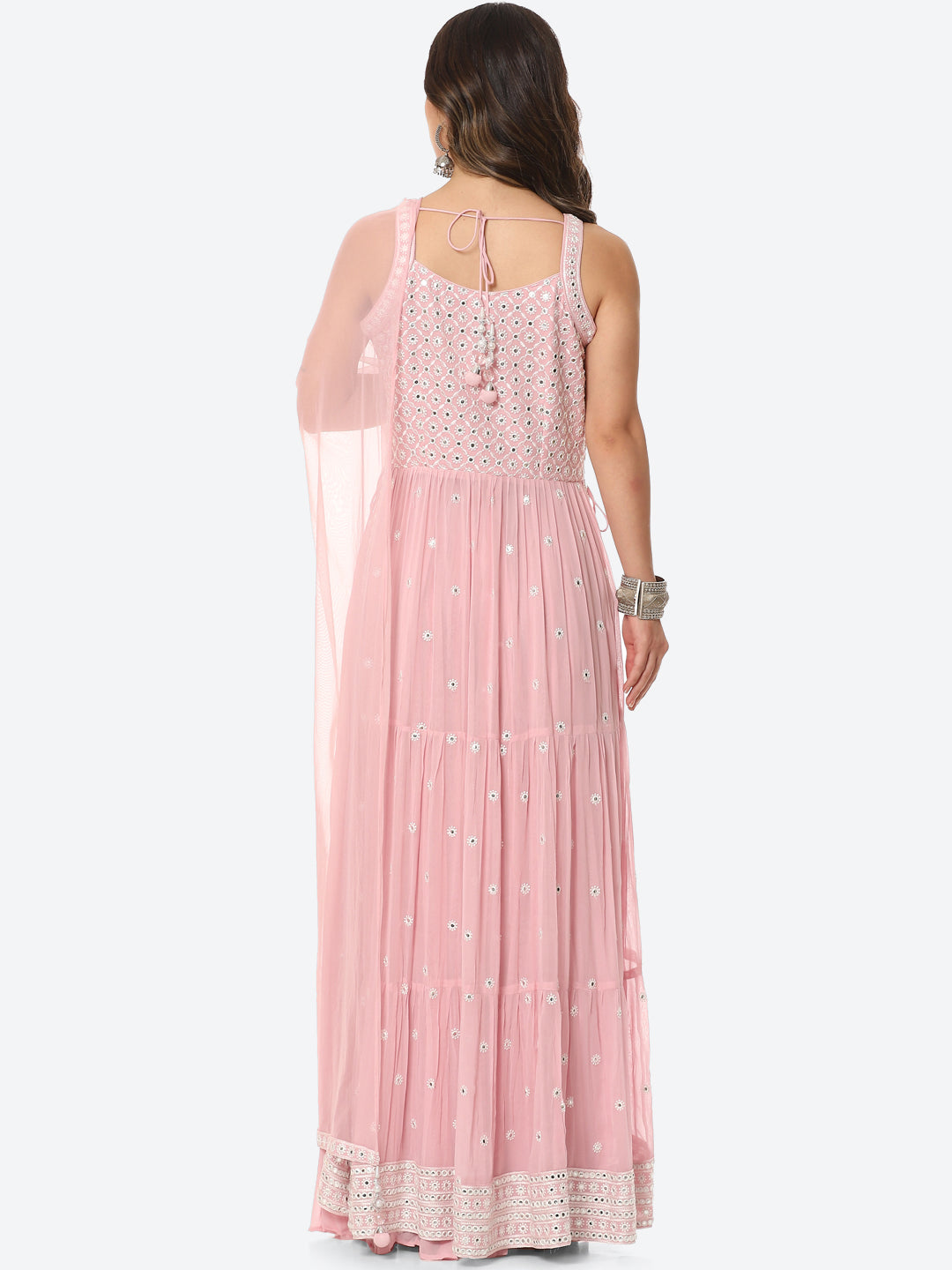 Resham Mirror Georgette Kurta With Palazzo &amp; Net Dupatta