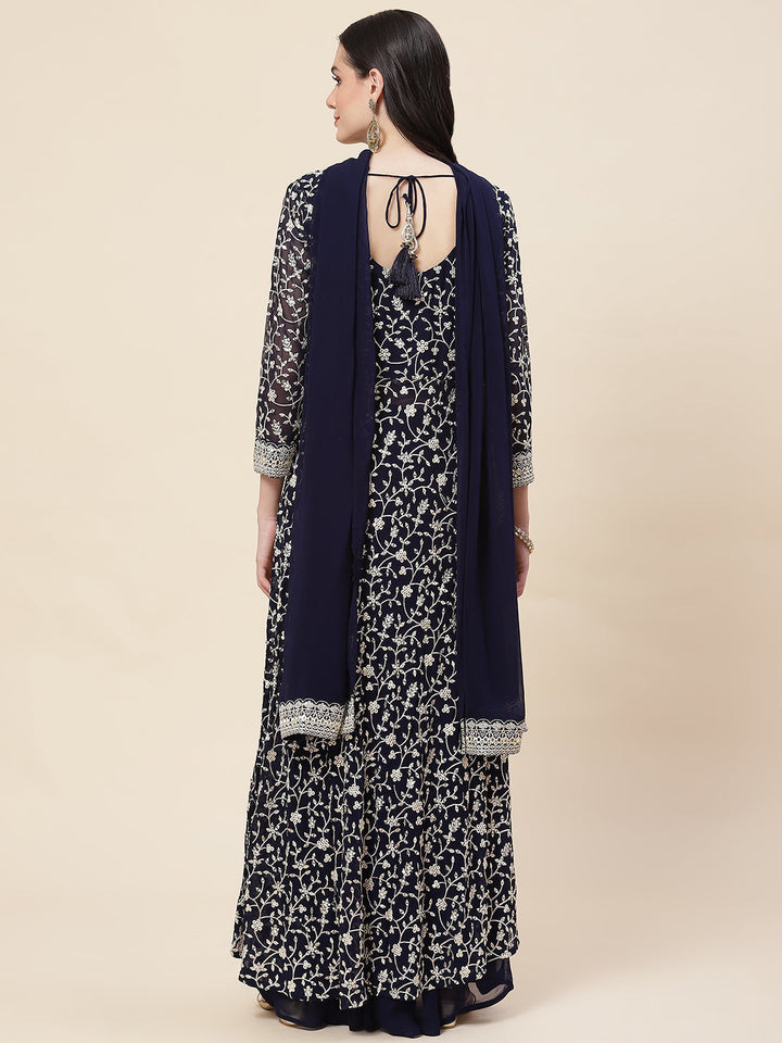 Embroidered Georgette Kurta With Palazzo &amp; Dupatta