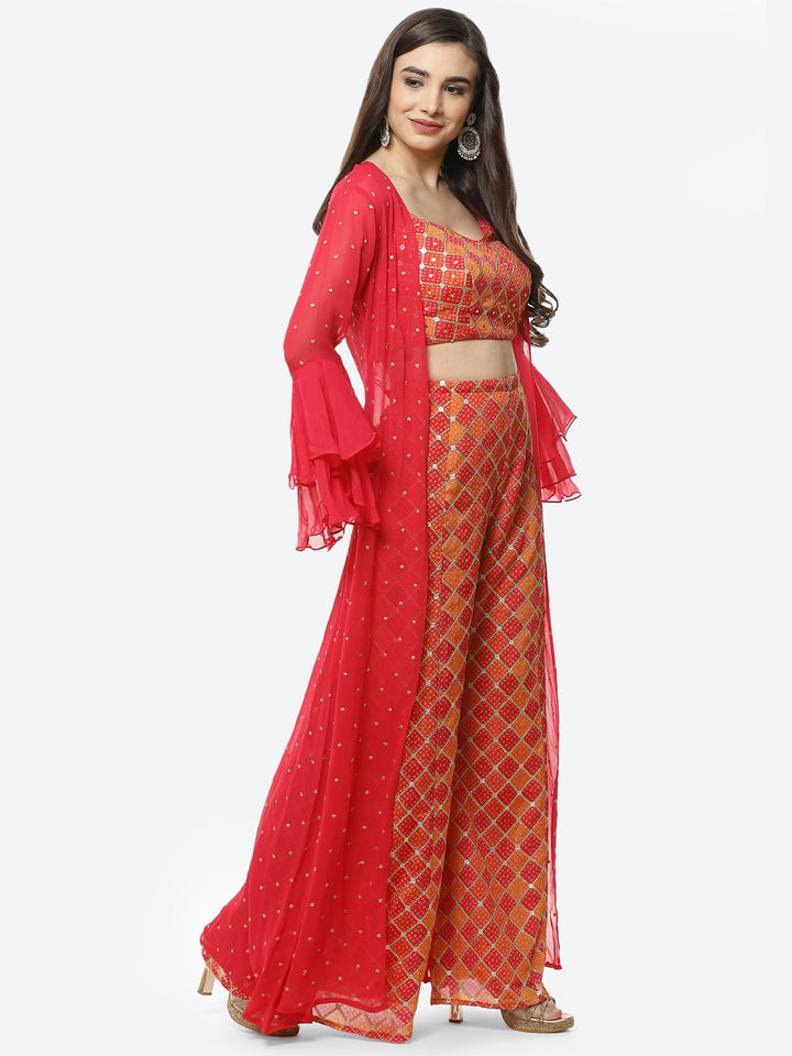 Bandhej Printed Georgette Top With Palazzo And Jacket