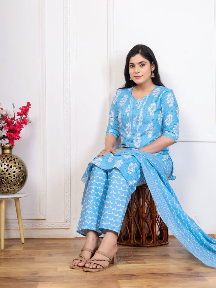 Embroidered Cotton Blend Kurta With Pant &amp; Dupatta