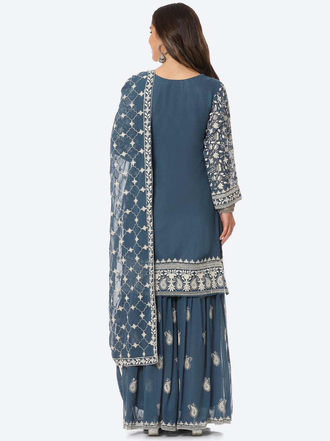 Resham Embroidered Georgette Kurta With Garara &amp; Dupatta