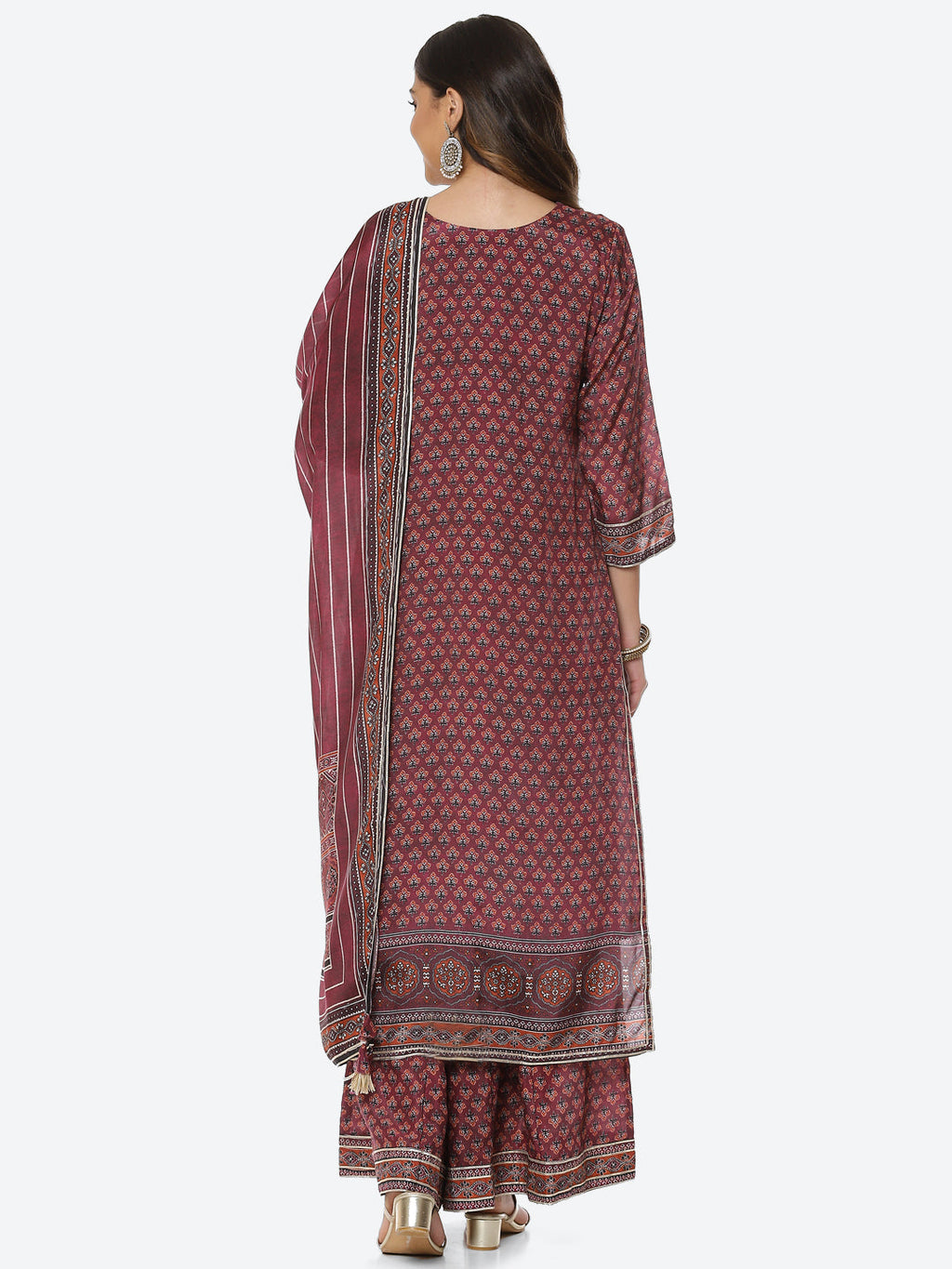 Printed Gota Neck Cotton Kurta With Palazzo & Dupatta