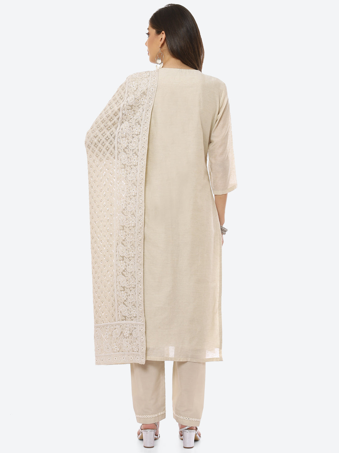 Resham Neck Booti Chanderi kurta With Pant &amp; Dupatta