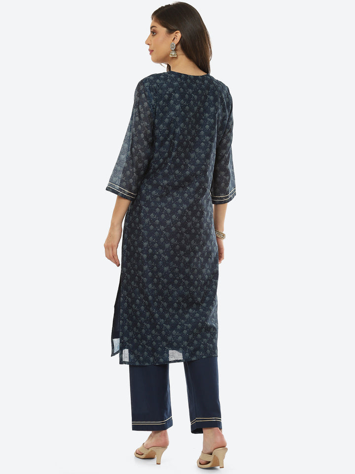 Gota Neck Printed Chanderi Kurta With Pant