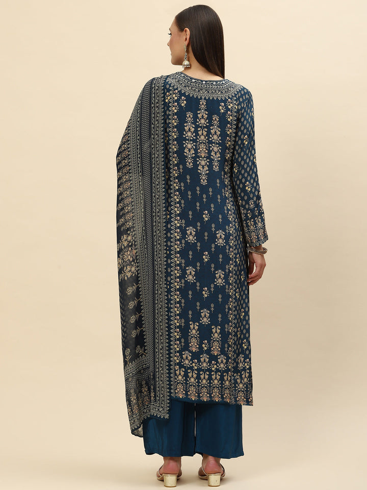 Floral Digital Printed Crepe Kurta With Palazzo &amp; Net Dupatta