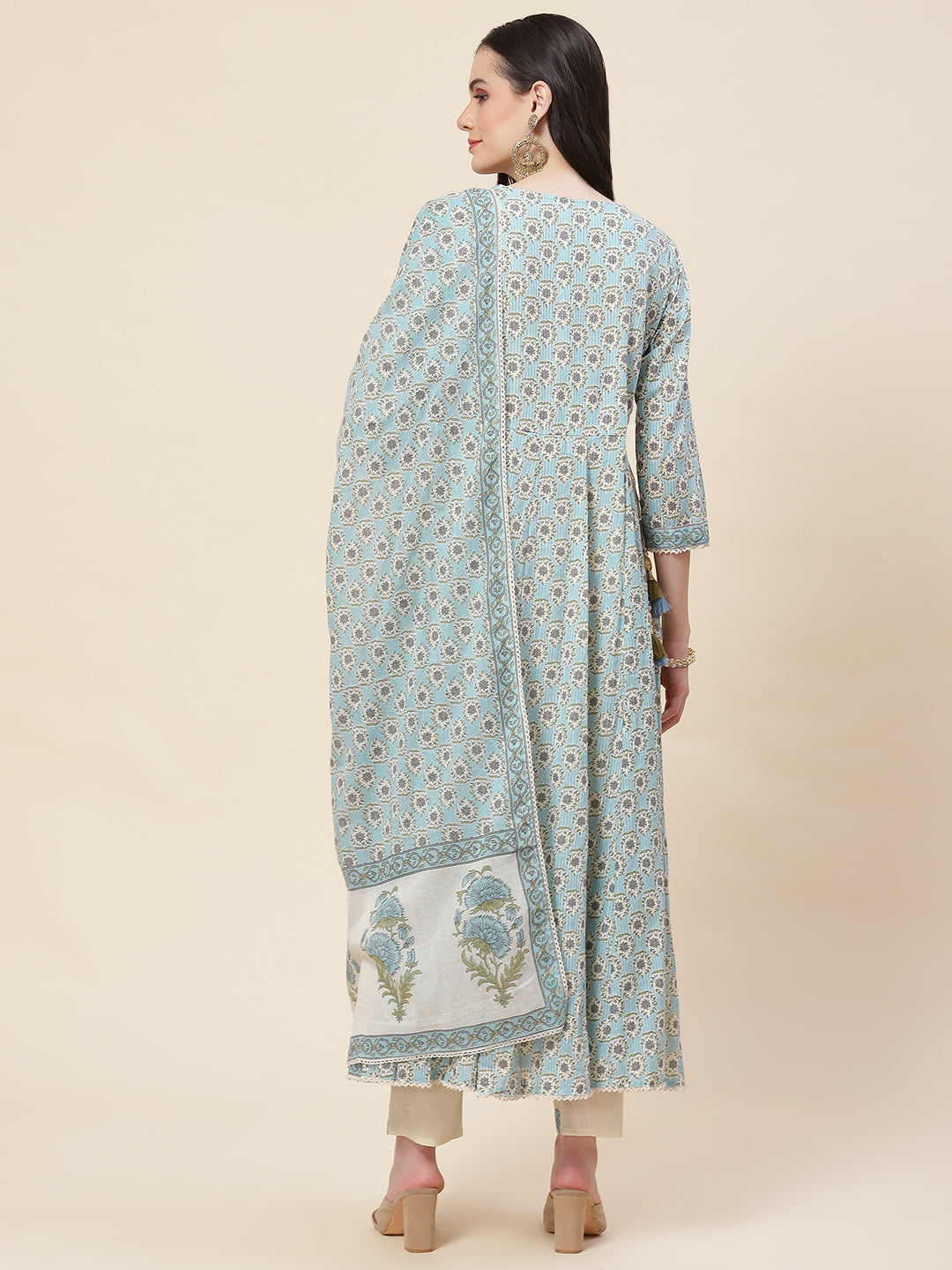 Floral Printed Cotton Kurta With Pants &amp; Dupatta