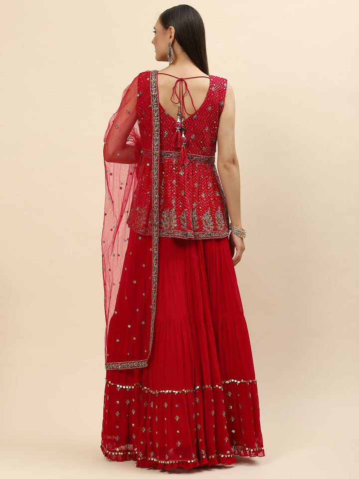 Sequin Embroidered Georgette Peplum Choli With Lehenga &amp; Dupatta