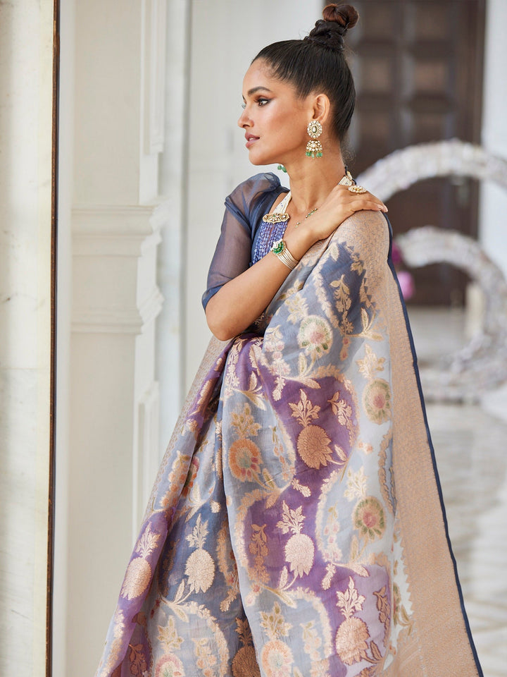 Floral Jaal Organza Plain Saree