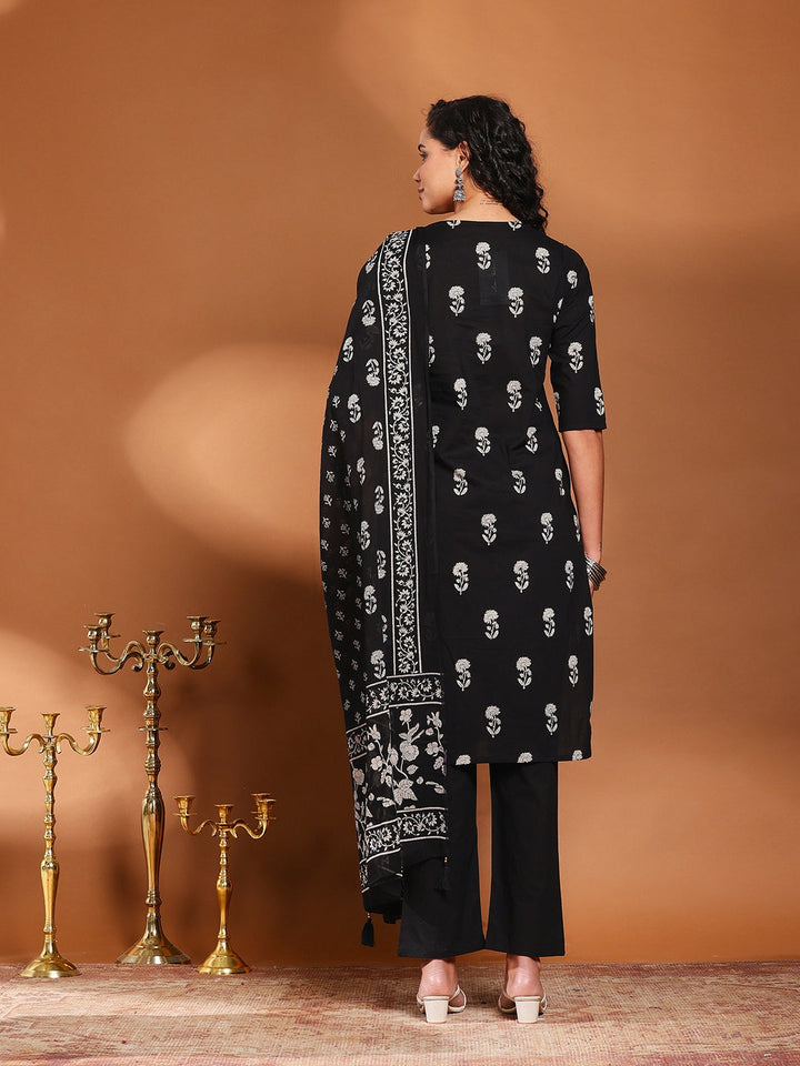 Black Cotton Blend Printed A Line Suit Set