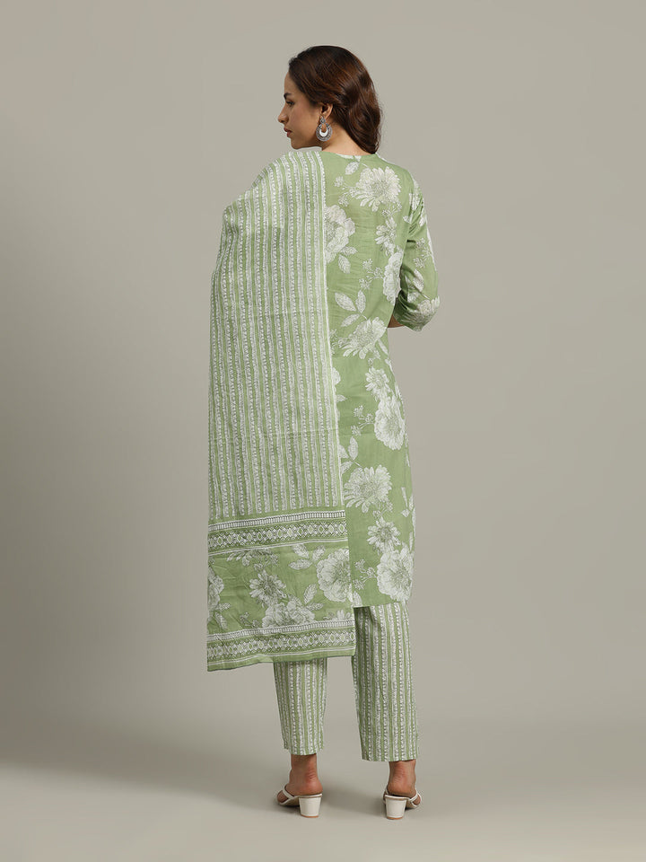 Floral Parinted Cotton Blend Kurta With Pants &amp; Dupatta
