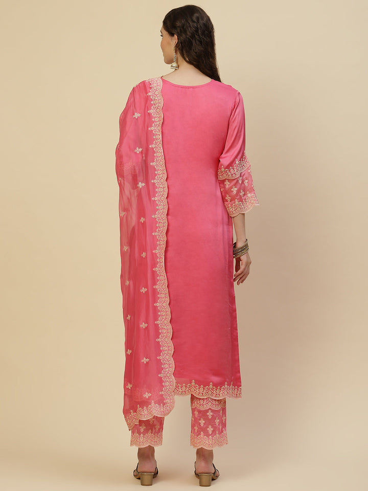 Resham Booti Satin Kurta With Pants &amp; Dupatta