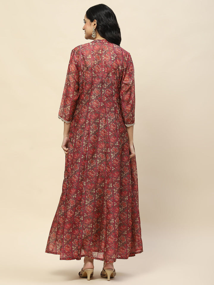 Floral Printed Cotton Gown Dress With Jacket
