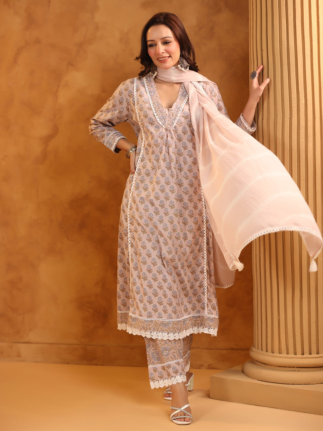 Printed Cotton Blend Kurta With Pants &amp; Dupatta