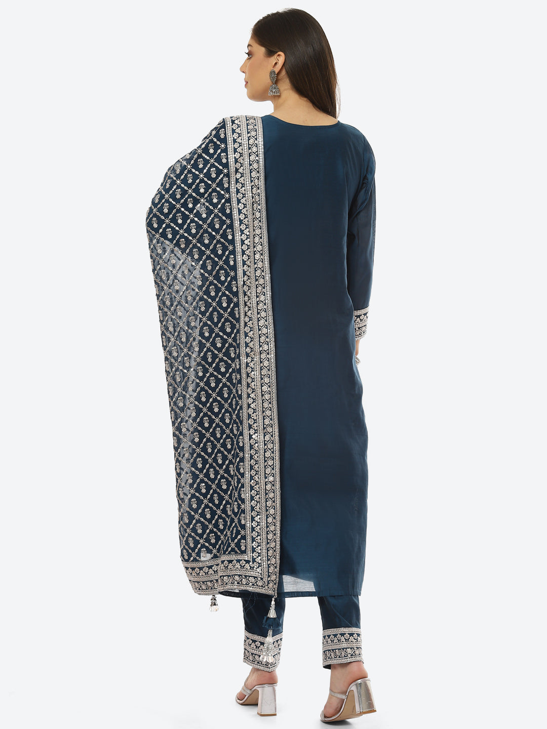 Resham Neck Ghera Chanderi kurta With Pant &amp; Dupatta
