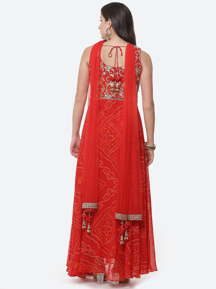 Bandhej Printed Georgette Stitched Anarkali Salwar Kameez With Net Dupatta