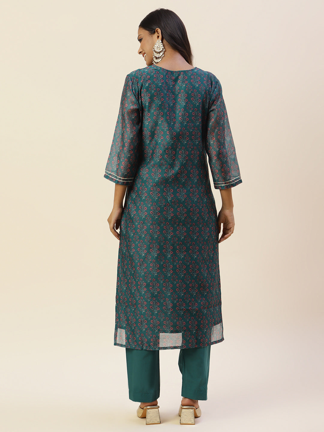 Printed &amp; Yoke Embroidered Chanderi Kurta With Pants