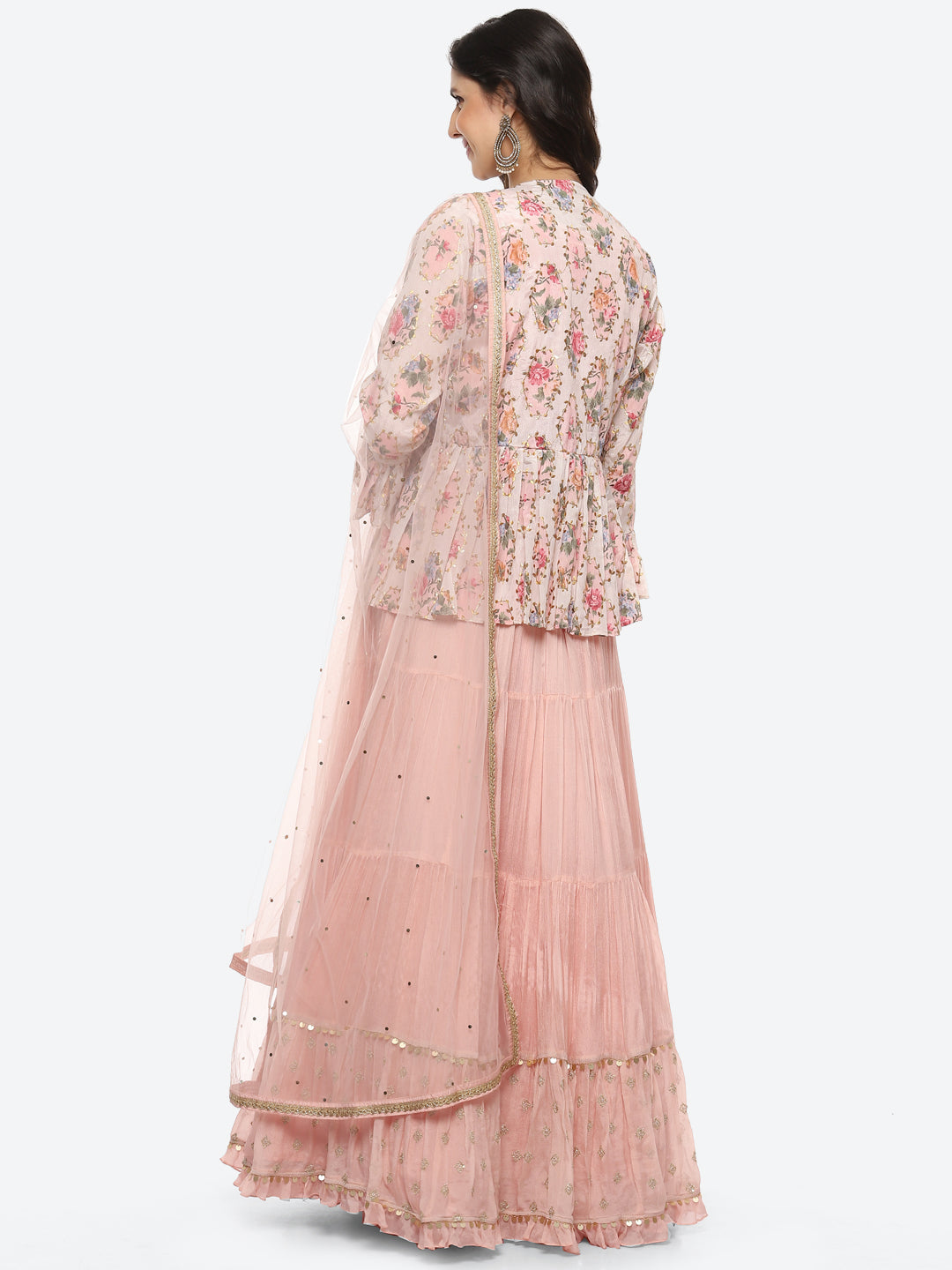 Resham Embroidered Crepe Choli Jacket With Lehenga &amp; Dupatta