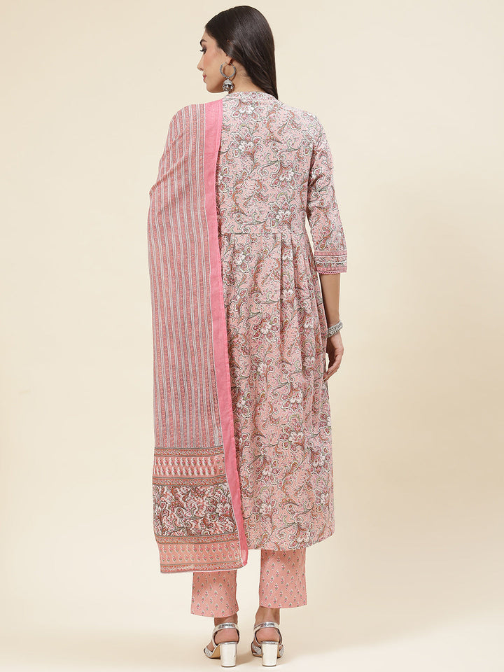 Floral Printed Cotton Kurta With Pants &amp; Dupatta