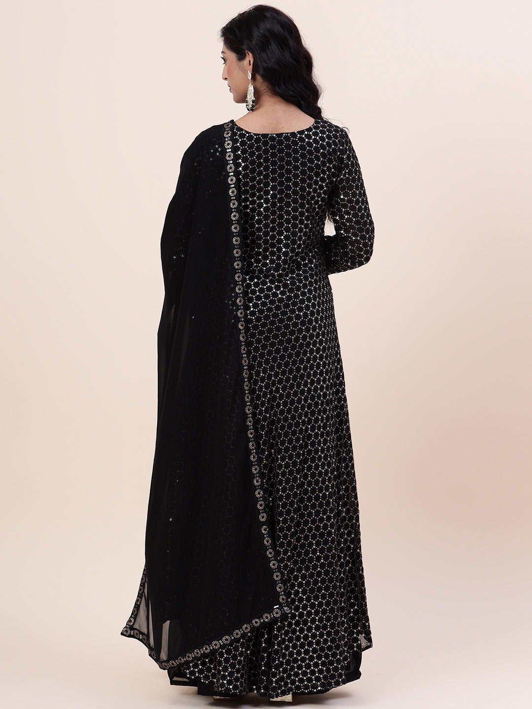 Sequin Embroidered Georgette Kurta With Palazzo &amp; Dupatta