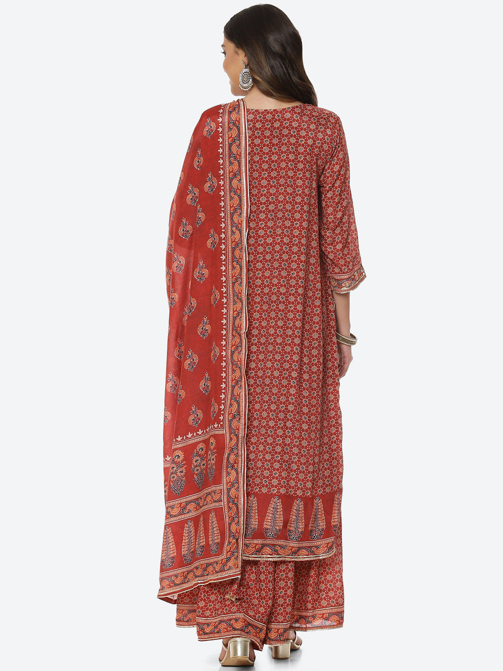Gota Neck Printed Cotton Kurta With Garara & Dupatta