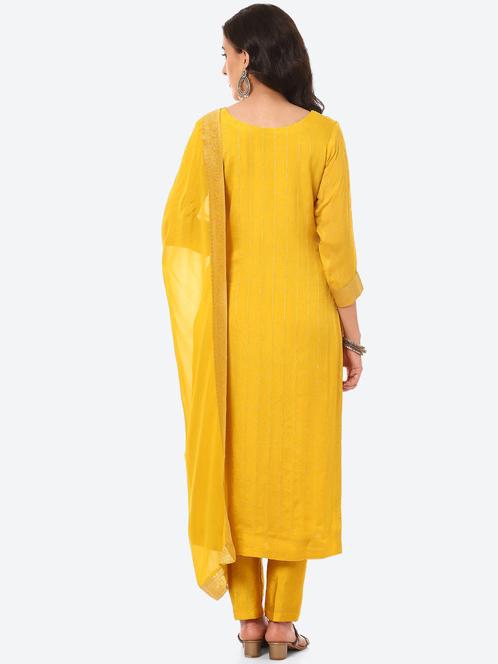 Zari Neck Embroidered Booti Border Kurta With Pant &amp; Dupatta