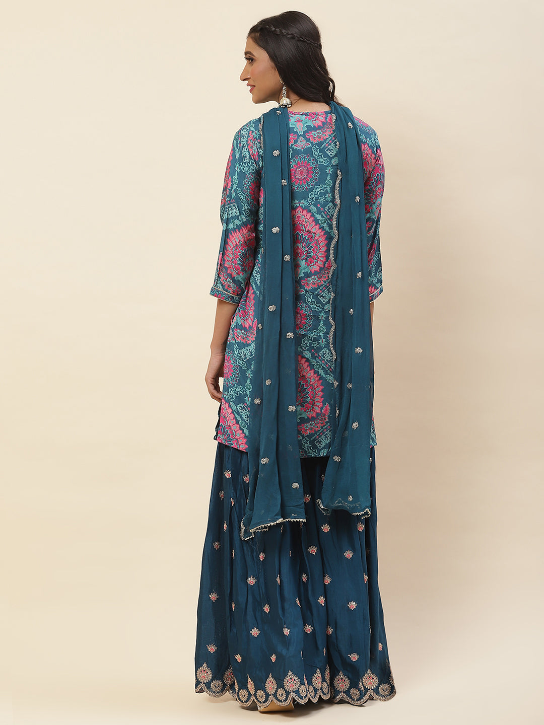 Floral Printed Cotton Kurta With Sharara &amp; Dupatta