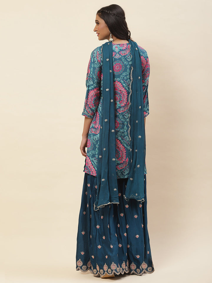 Floral Printed Cotton Kurta With Sharara &amp; Dupatta