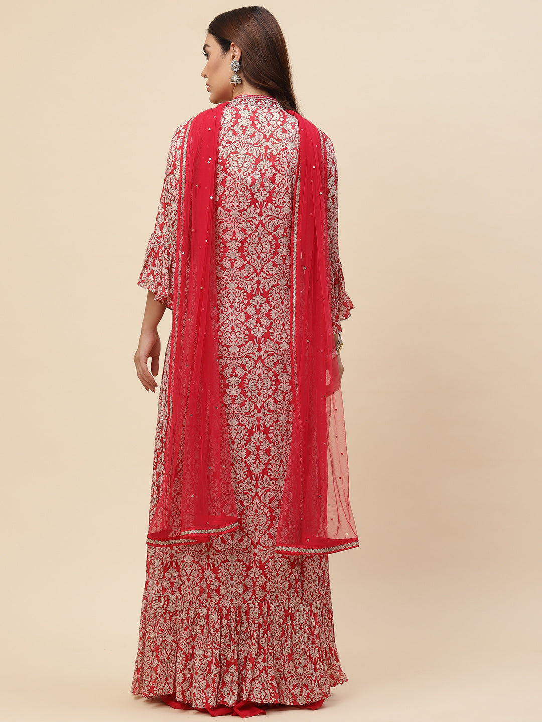 Neck Embroidered Georgette Gown With Jacket &amp; Dupatta
