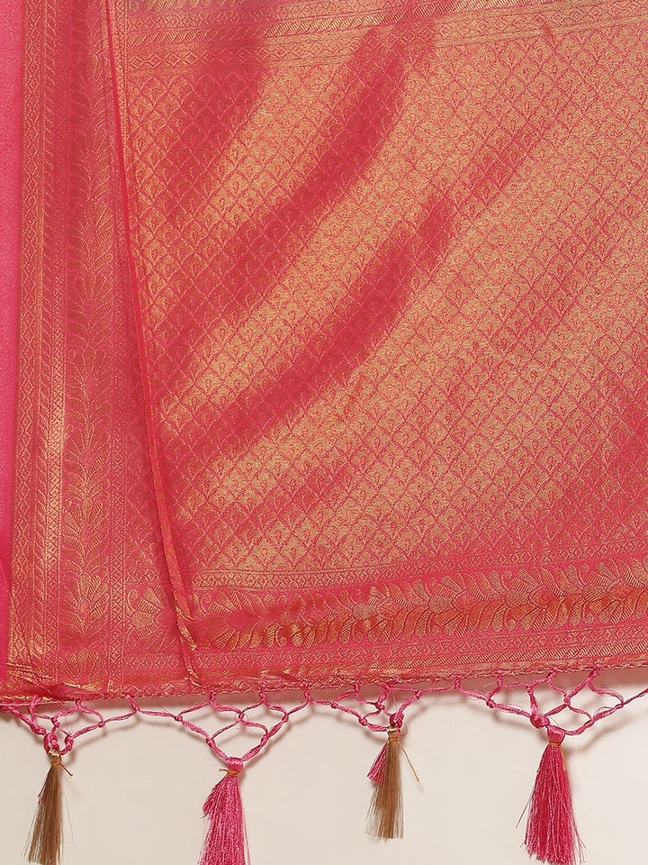 Brocade Zari Jaal Art Handloom Saree  with Contrast Blouse