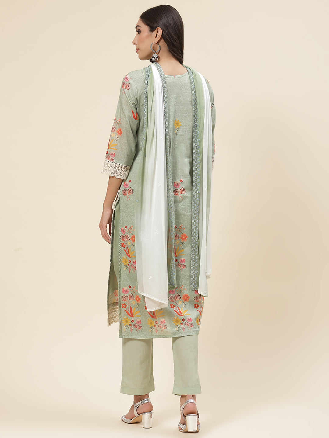 Floral Printed &amp; Embroidered Cotton Kurta With Pants &amp; Dupatta