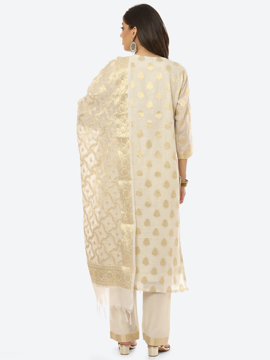Resham Neck Booti Cotton kurta With Pant &amp; Dupatta