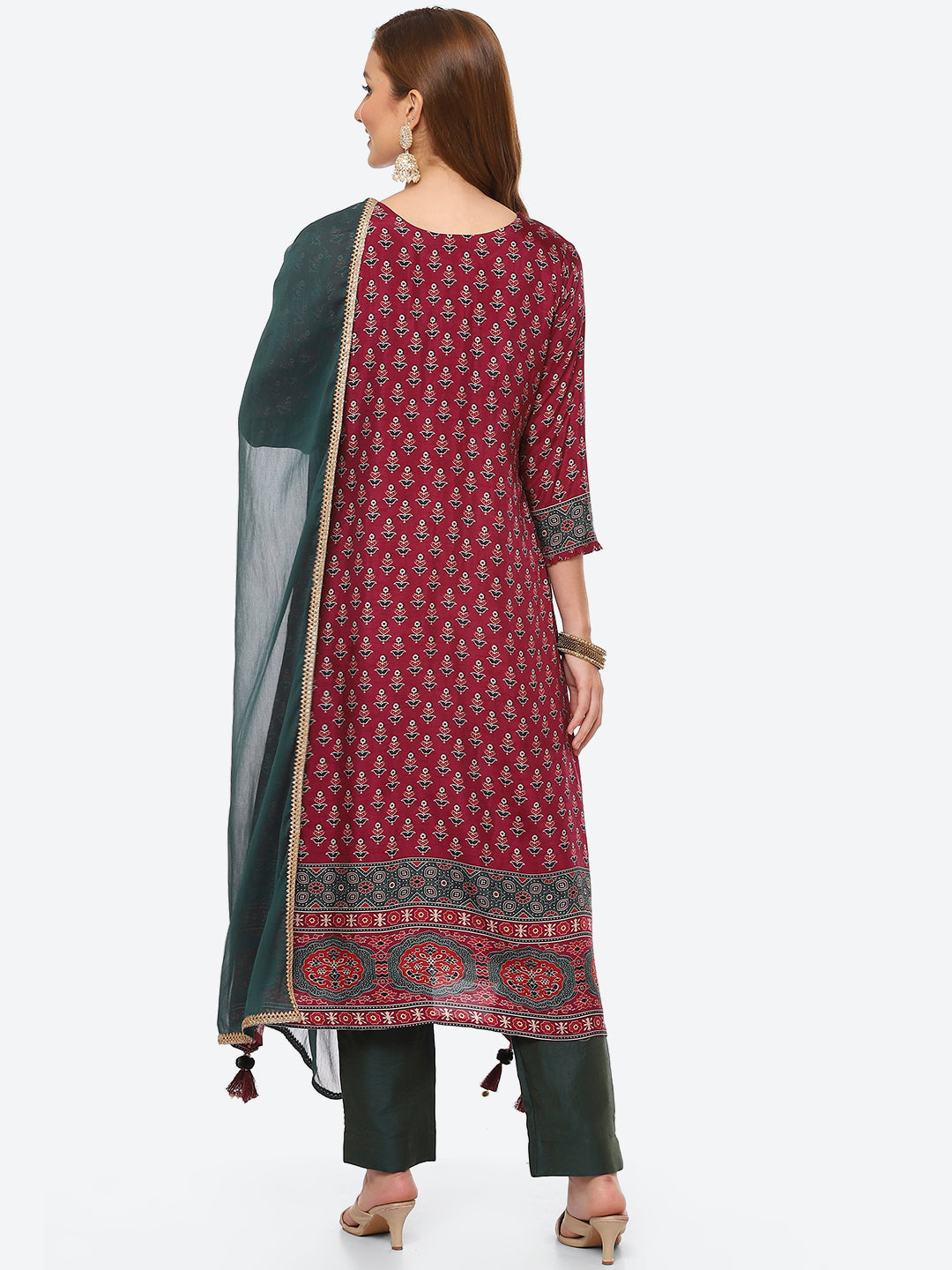 Printed Booti Cotton Kurta With Pant &amp; Chiffon Dupatta
