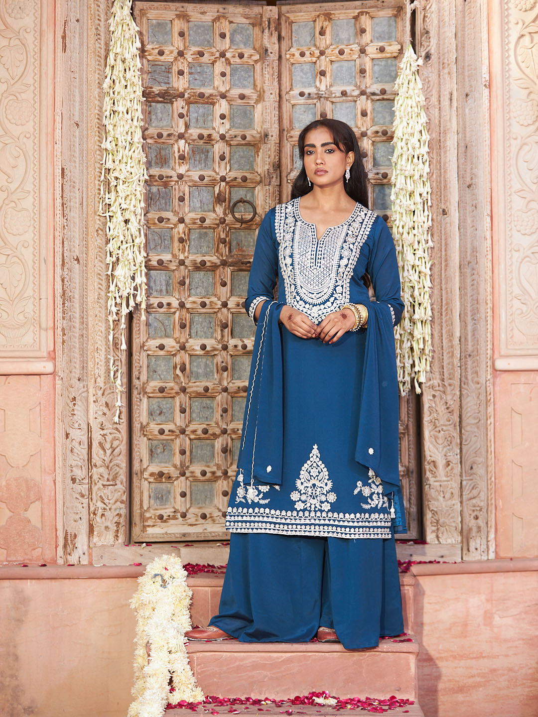 Teal Blue Embroidered Chinon Kurta Palazzo with Dupatta