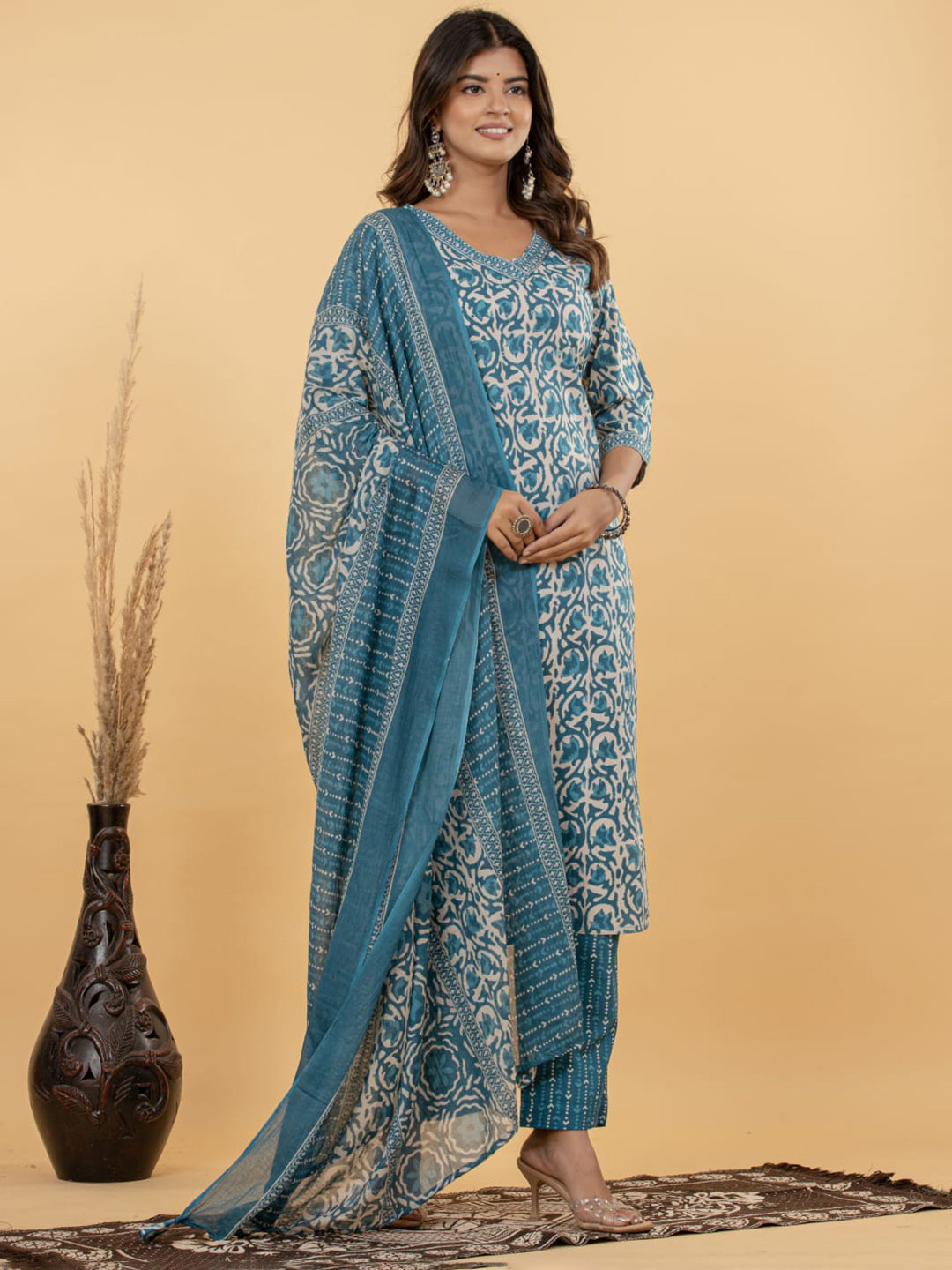 Light Blue Embroidered Cotton Blend Straight Suit Set With Dupatta