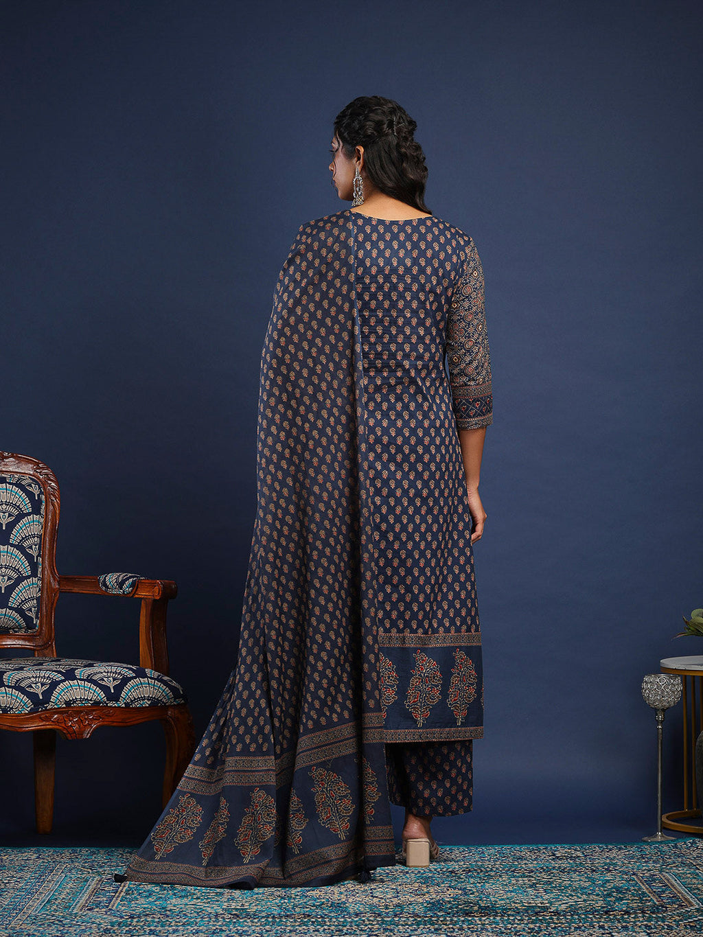 Blue Cotton Blend Printed Straight Suit Set