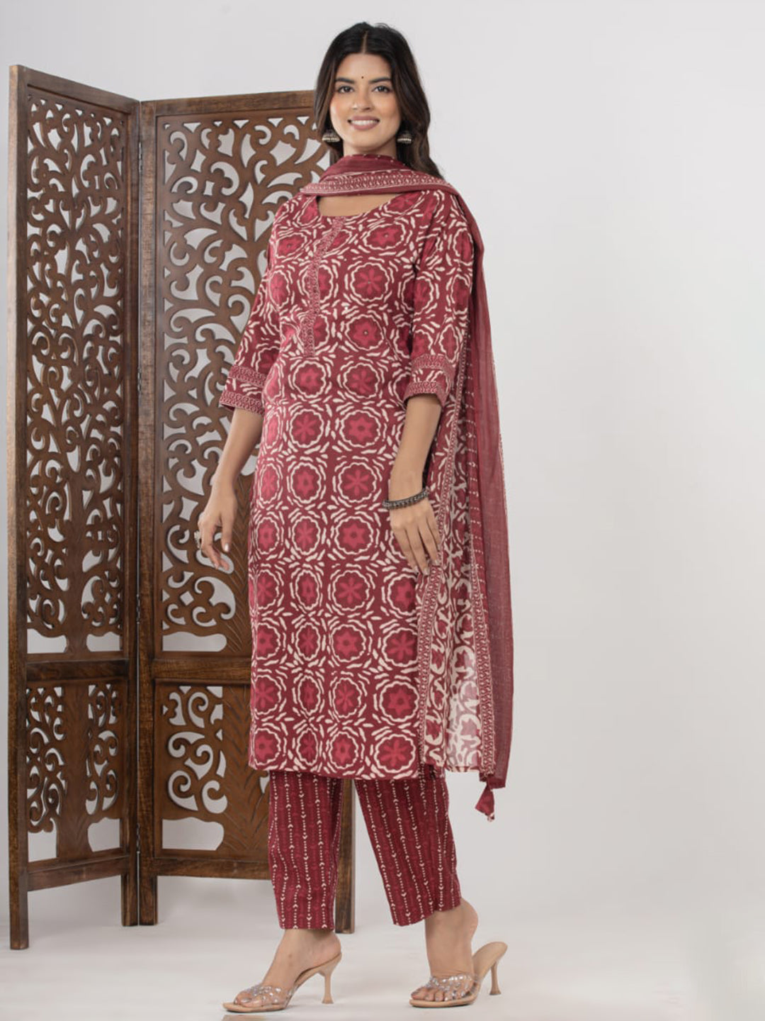 Maroon Embroidered Cotton Blend Straight Suit Set With Dupatta