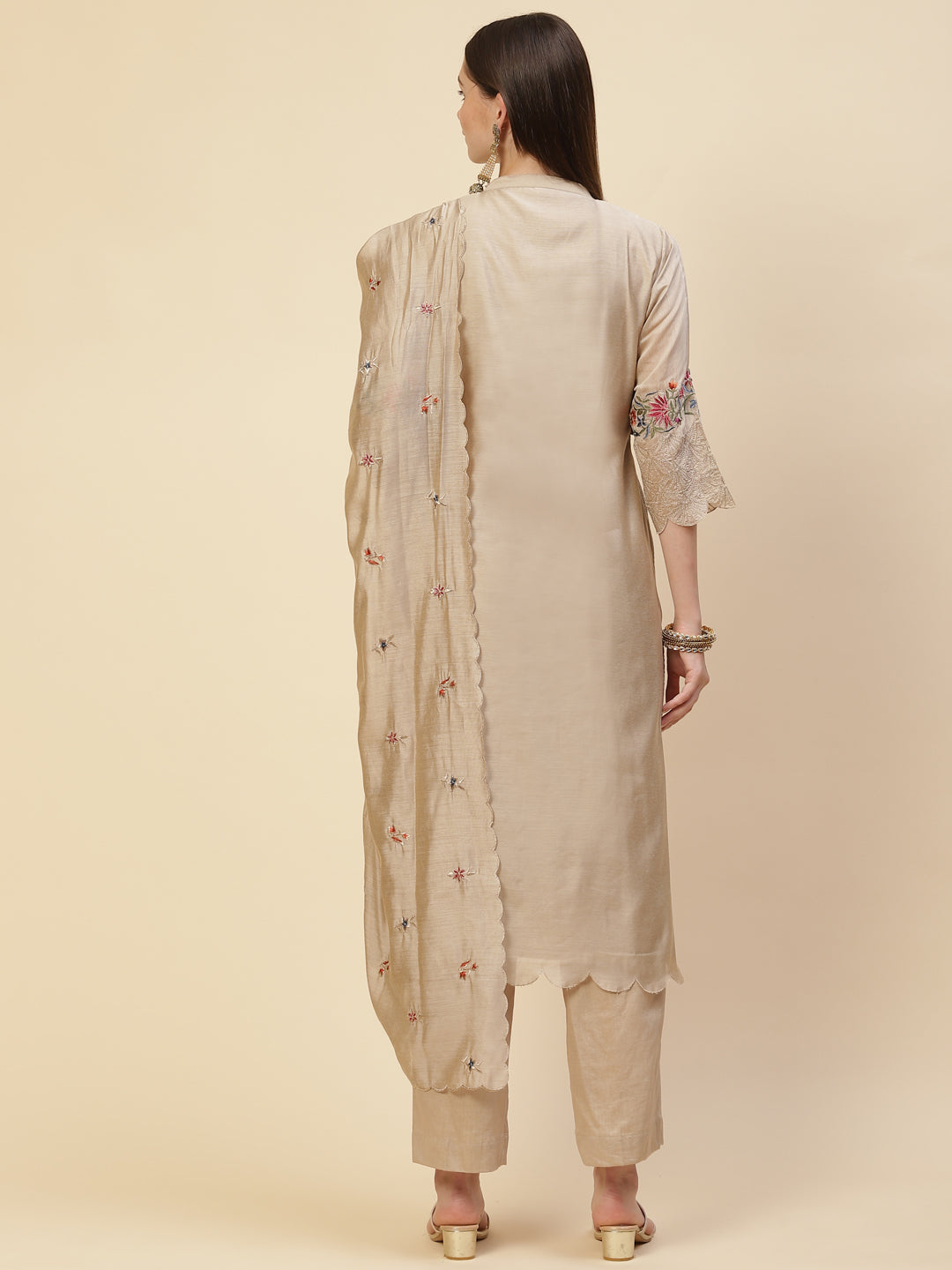 Zari Embroidered Cotton Kurta With Pants &amp; Dupatta